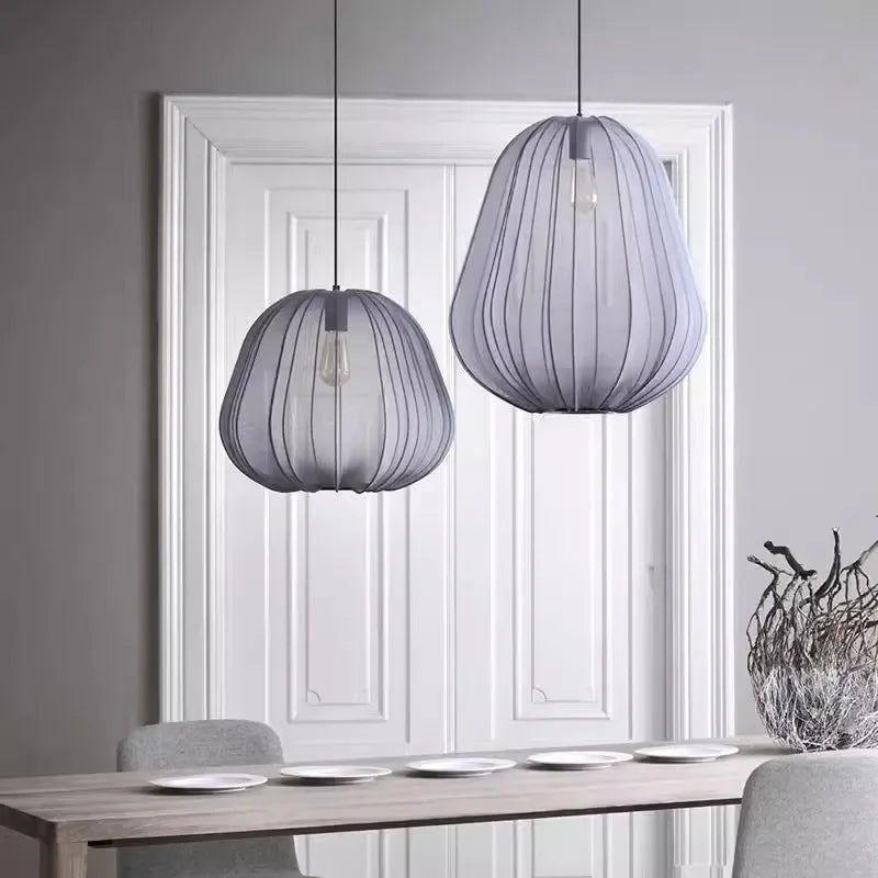 DecorBites LED Art Chandelier pendant lights, gray ribbed shades, pair over dining table on Tampa Home & Garden Store