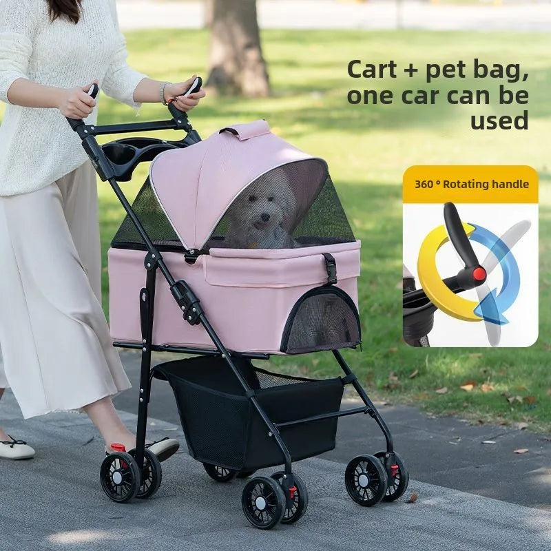 Pet Zen 3 in 1 dog stroller with detachable pink carrier mesh four wheels rotating handle on Tampa Home & Garden Store
