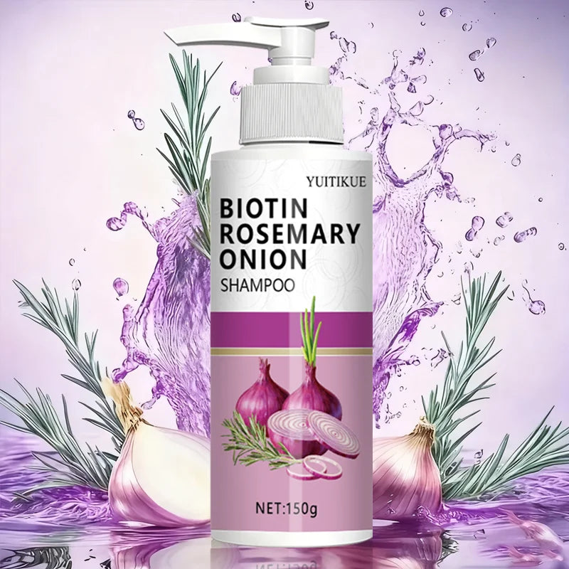 Biotin Rosemary Onion Shampoo bottle with pump, white container, purple label, rosemary imagery on Tampa Home & Garden Store