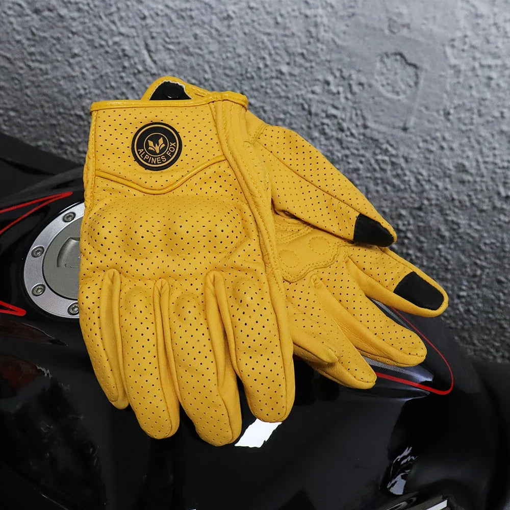 Vintage Real Leather Breathable Touch Screen Gloves yellow motorcycle gloves Alpine Fox logo on Tampa Home & Garden Store