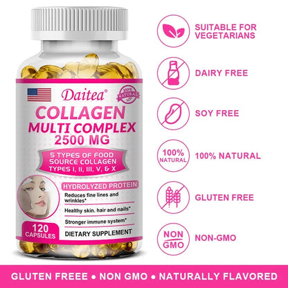 Daitea Hydrolyzed Collagen supplement bottle, pink label, 2500 mg, 120 capsules by Silcy Skin on Tampa Home & Garden Store