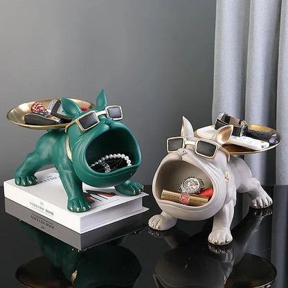 Resin bulldog statue pair with zinc alloy trays; green and beige finish by Perfecsy on Tampa Home & Garden Store