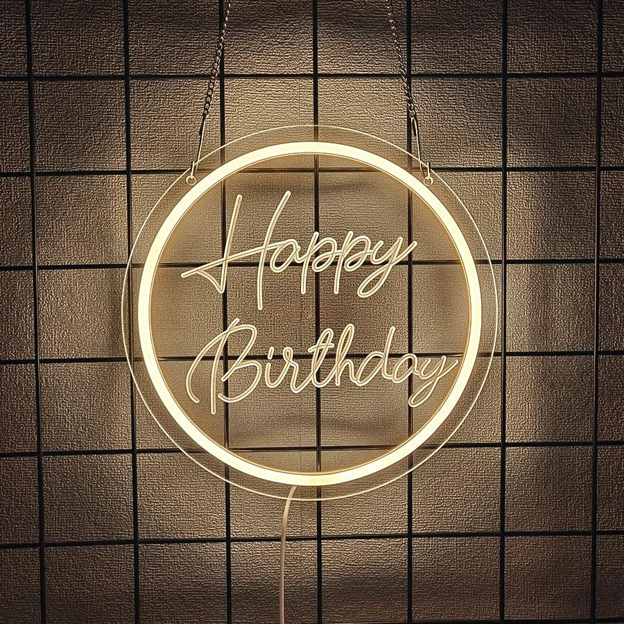 Perfecsy birthday neon sign, circular LED ring with Happy Birthday script, USB powered on Tampa Home & Garden Store
