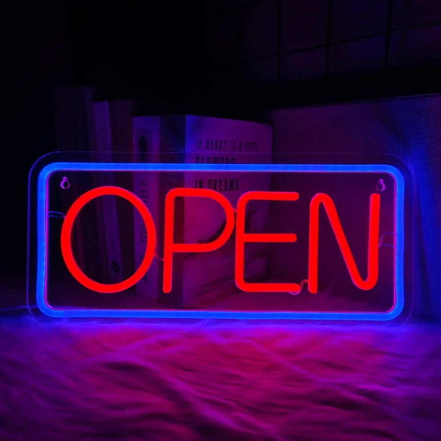 Open neon sign by Perfecsy, large USB-powered decor lamp with red OPEN lettering and blue frame on Tampa Home & Garden Store