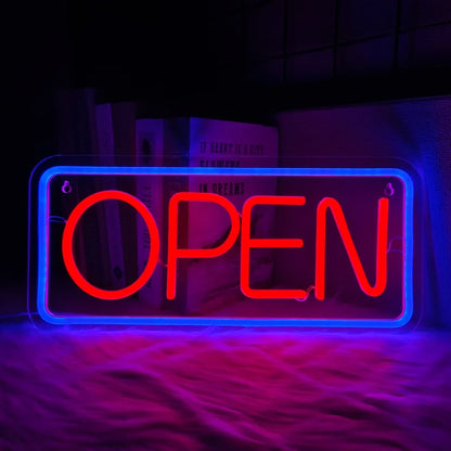 Open neon sign by Perfecsy, large USB-powered decor lamp with red OPEN lettering and blue frame on Tampa Home & Garden Store