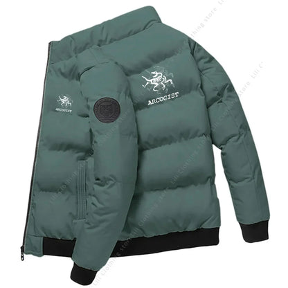Men's green thick warm puffer parka winter jacket, waterproof down coat with ARCOGIST logo on Tampa Home & Garden Store