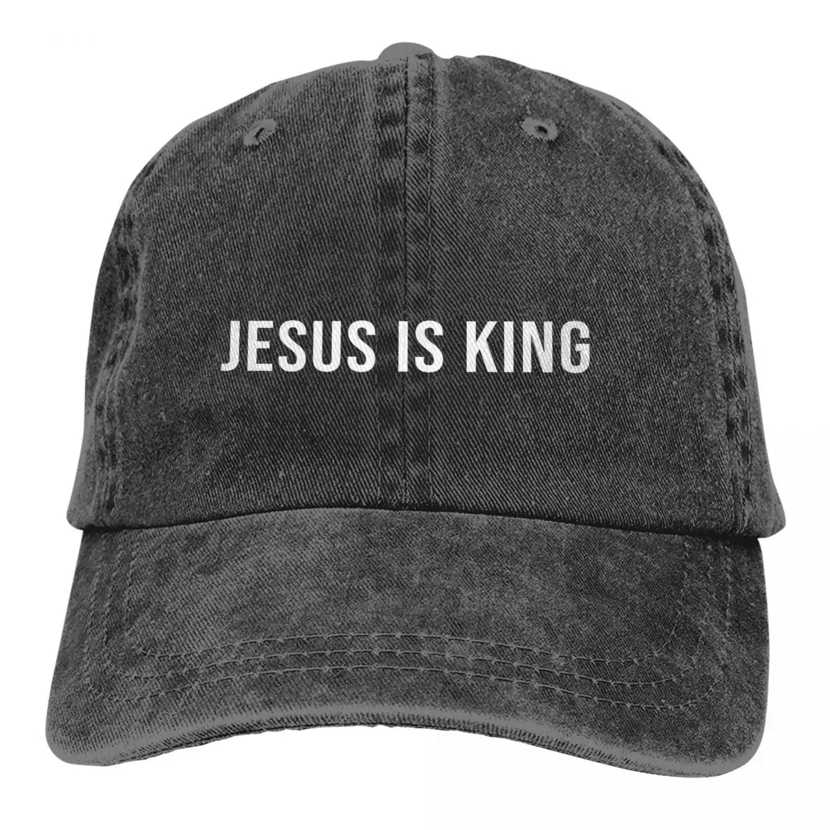 King Caps hat distressed denim with JESUS IS KING text by BikerZoneZ on Tampa Home & Garden Store