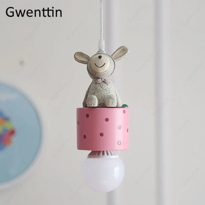 DecorBites Kids animal pendant lamp with gray rabbit on pink perforated shade and white bulb on Tampa Home & Garden Store