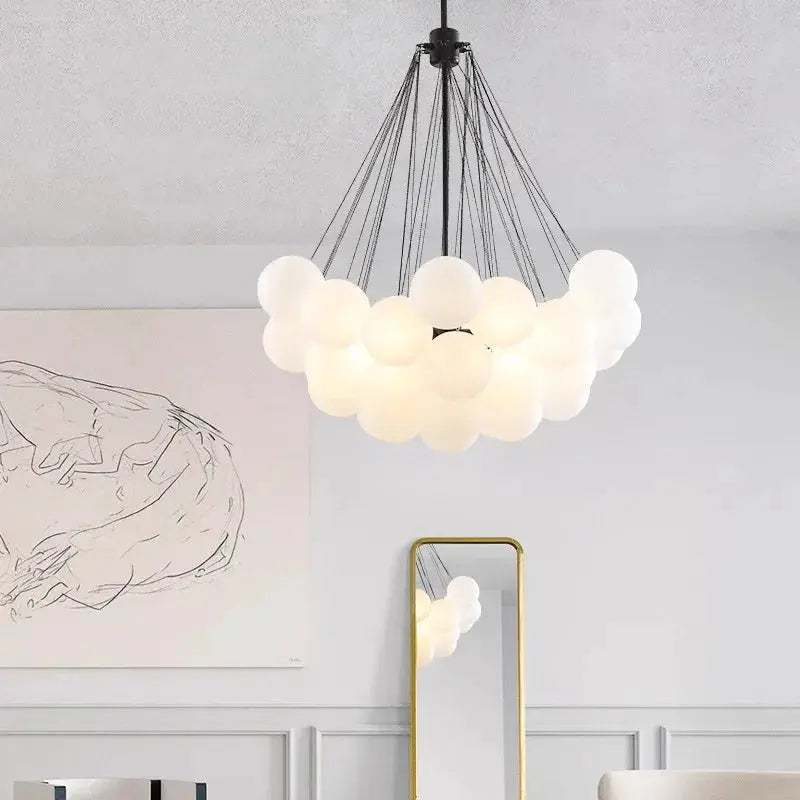 DecorBites pendant chandelier with cloud white globes and black cords for living room lighting on Tampa Home & Garden Store