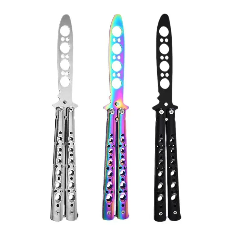 3-piece folding butterfly knife trainer set in silver, iridescent rainbow, and black with perforated handles on Tampa Home & Garden Store