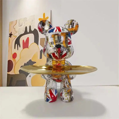 Graffiti bear figurine with gold keys tray, multicolor abstract collage sculpture on Tampa Home & Garden Store