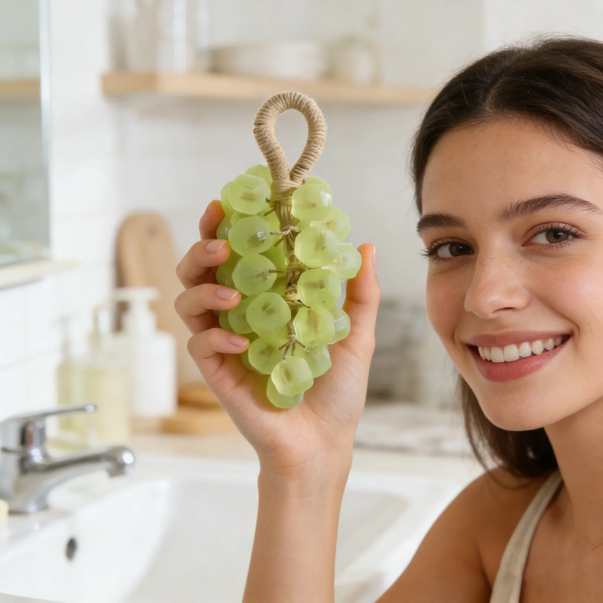 Grape hand soap cluster with rope stem, green grape beads by Silcy Skin handmade soap on Tampa Home & Garden Store