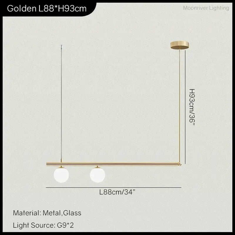 DecorBites Pendant Light, linear gold metal bar with two white glass globes, ceiling mount on Tampa Home & Garden Store