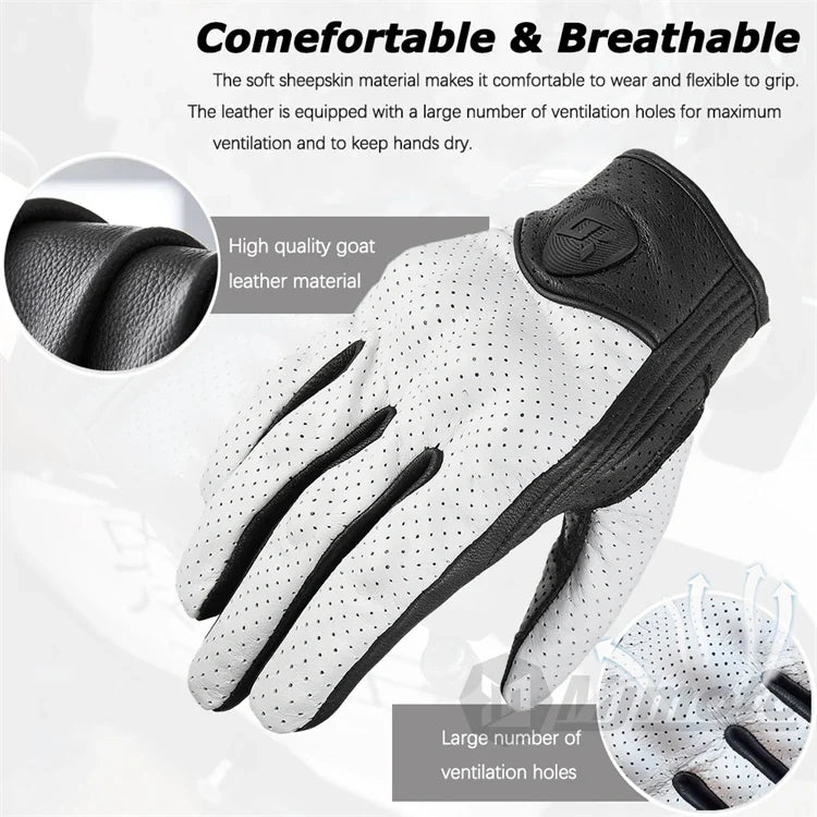 Leather Gloves Retro Biker by BikerZoneZ, perforated white goat leather with black cuff on Tampa Home & Garden Store