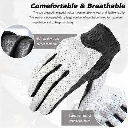 Leather Gloves Retro Biker by BikerZoneZ, perforated white goat leather with black cuff on Tampa Home & Garden Store