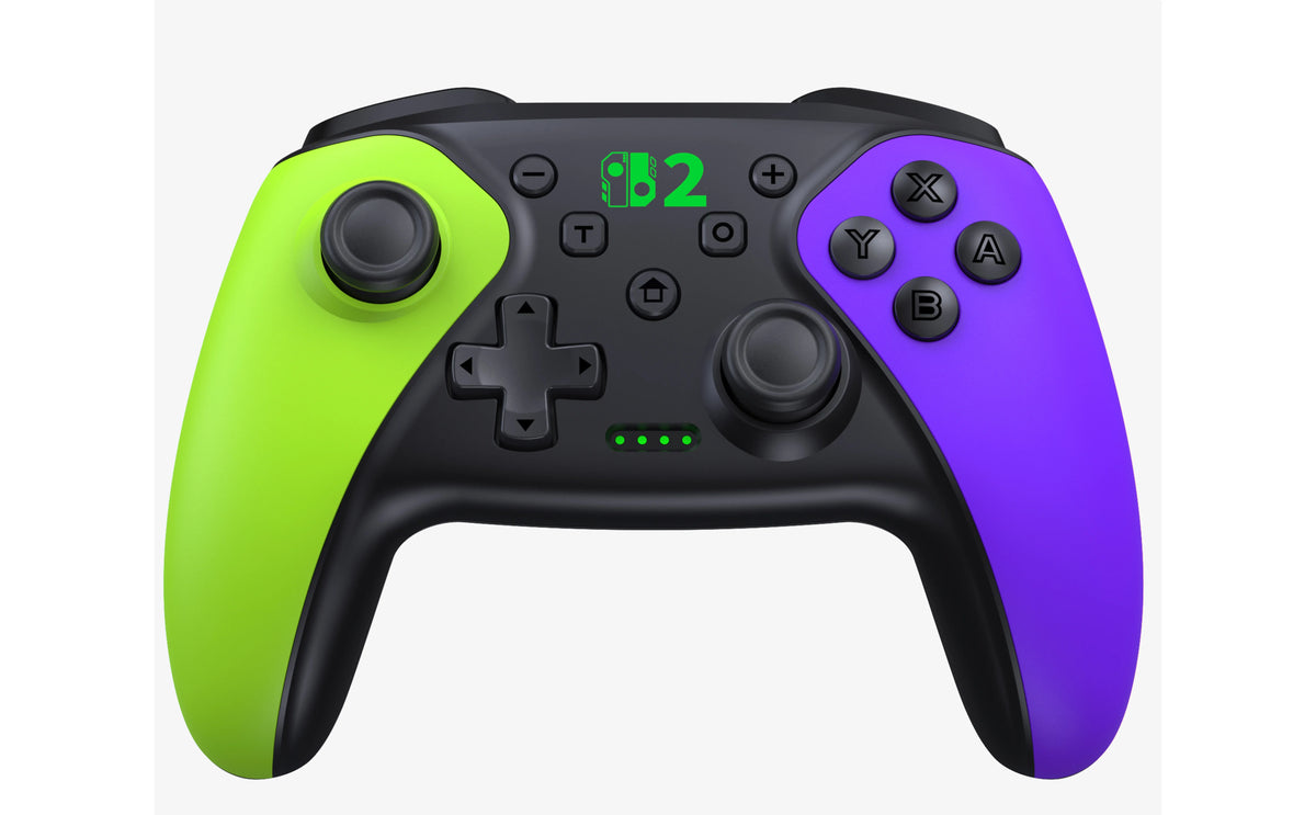 RGB wireless controller for Switch Pro/Switch 2 with lime left grip and purple right grip on Tampa Home & Garden Store