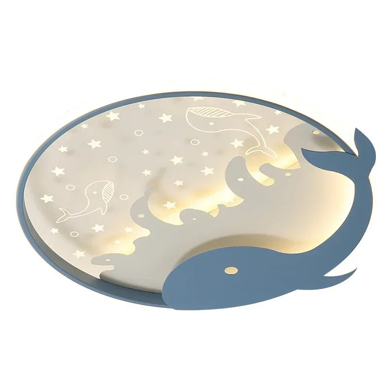 DecorBites kids LED ceiling light for nursery; round white fixture with blue whale cutout on Tampa Home & Garden Store