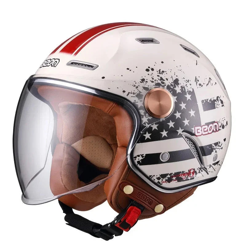 Retro open-face helmet by BikerZoneZ with white shell and brown leather interior on Tampa Home & Garden Store