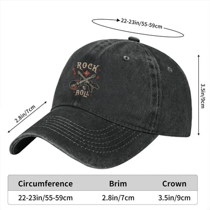 Rock N Roll multicolor cap with guitar artwork on washed black denim hat, curved brim on Tampa Home & Garden Store