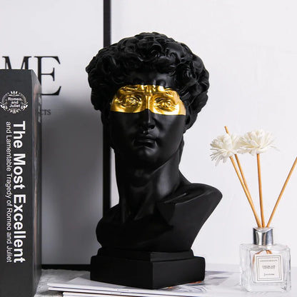David head resin bust statue, black with a gold eye mask, modern abstract home decor sculpture on Tampa Home & Garden Store