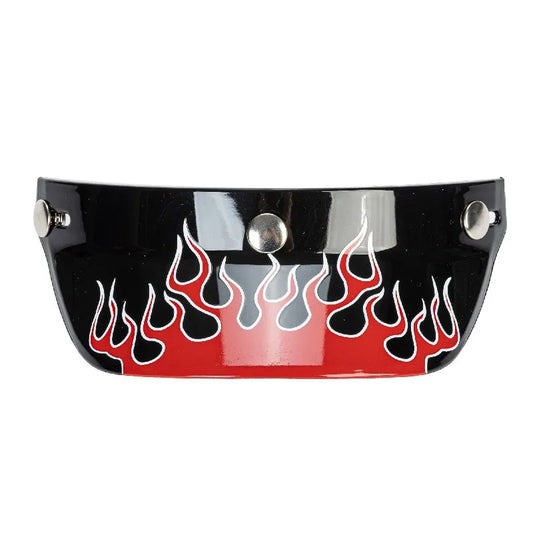 Fire Helmet Visor by BikerZoneZ featuring black base with red flame design and side snaps on Tampa Home & Garden Store