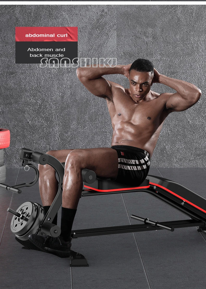 UpTrend Deals multi-function weightlifting bench – adjustable black bench with red trim, leg curl attachment and weight stack, user performing abdominal curl on bench on Tampa Home & Garden Store