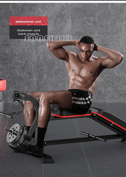 UpTrend Deals multi-function weightlifting bench – adjustable black bench with red trim, leg curl attachment and weight stack, user performing abdominal curl on bench on Tampa Home & Garden Store