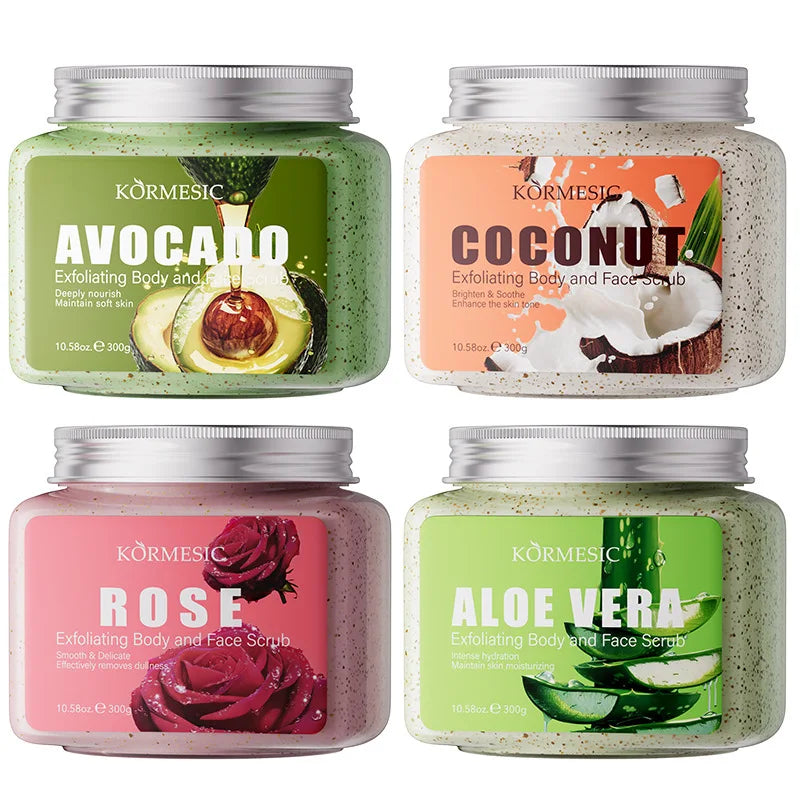 KORMESIC exfoliating scrub set with four jars Avocado Coconut Rose Aloe Vera by Silcy Skin on Tampa Home & Garden Store