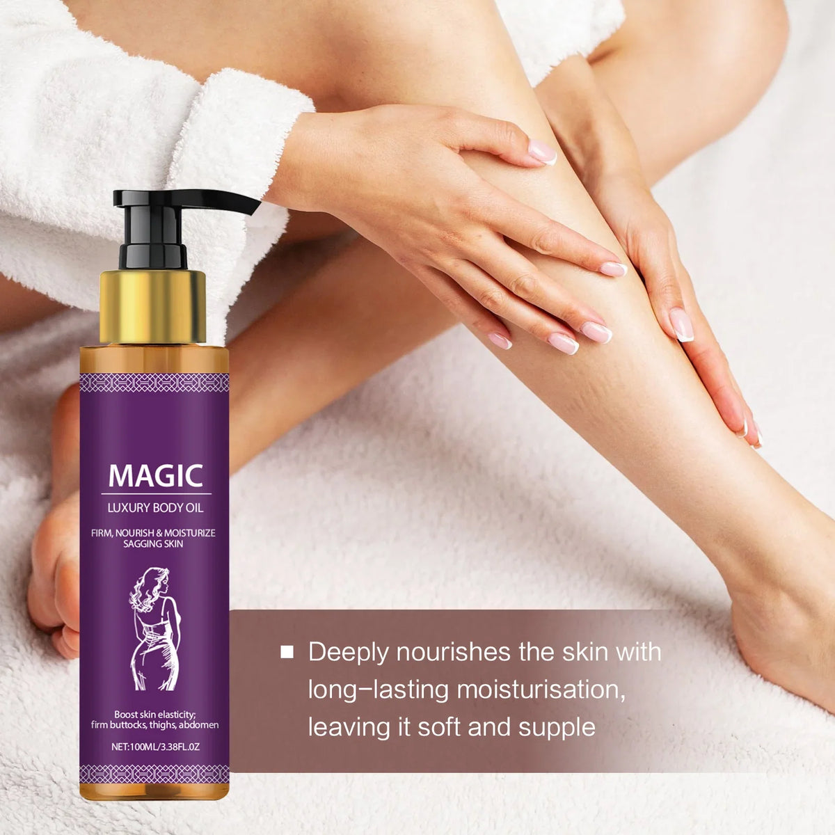 Silcy Skin Magic Luxury Body Oil bottle with gold pump and purple label applied to leg on Tampa Home & Garden Store