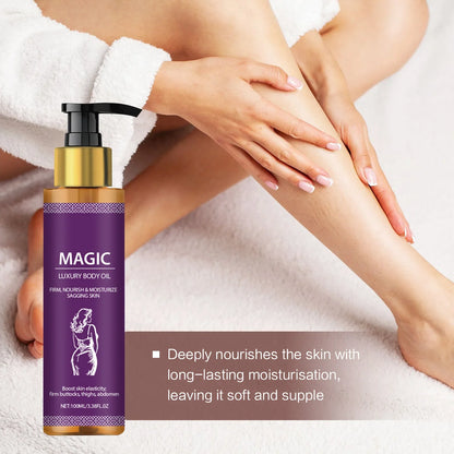 Silcy Skin Magic Luxury Body Oil bottle with gold pump and purple label applied to leg on Tampa Home & Garden Store