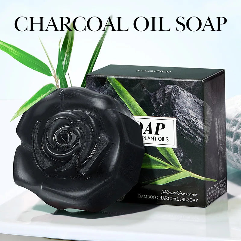 Bamboo charcoal oil soap shaped as a black rose with Silcy Skin box packaging on Tampa Home & Garden Store