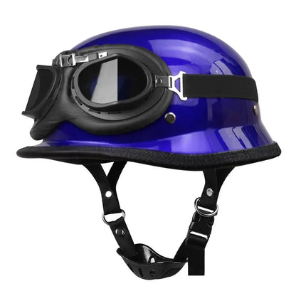 DOT half helmet retro motorcycle, blue gloss with built-in goggles, by BikerZoneZ on Tampa Home & Garden Store