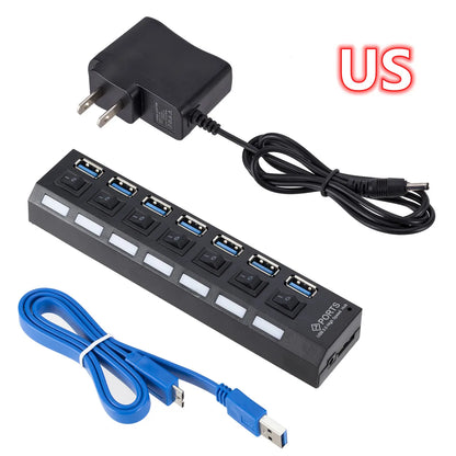 7-Port USB 3.0 Hub with power adapter and blue USB cable by UpTrend Deals on Tampa Home & Garden Store
