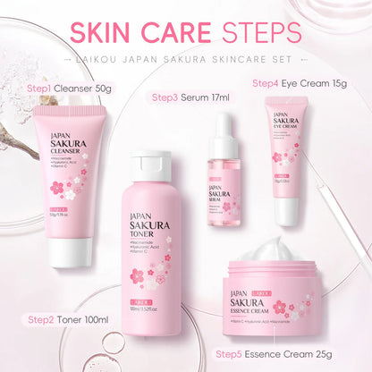 LAIKOU Sakura 5-piece skincare kit with pink cleanser, toner, serum, eye cream, essence on Tampa Home & Garden Store