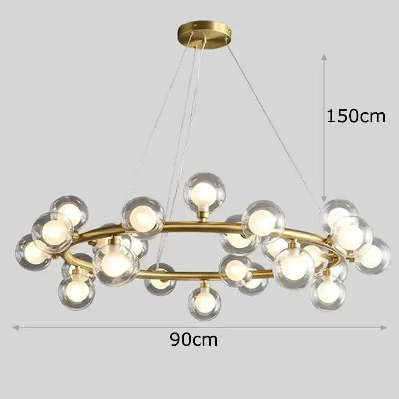DecorBites LED pendant chandelier with brass gold ring and clear glass globe bulbs, 90cm wide on Tampa Home & Garden Store
