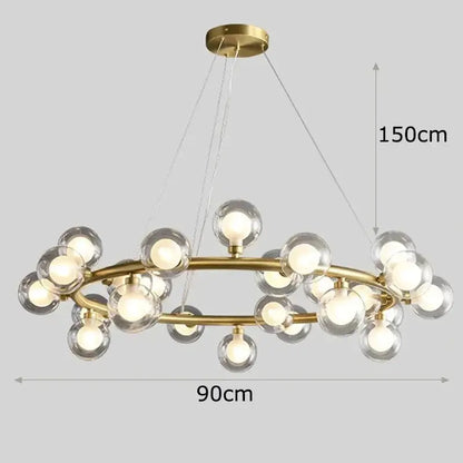 DecorBites LED pendant chandelier with brass gold ring and clear glass globe bulbs, 90cm wide on Tampa Home & Garden Store