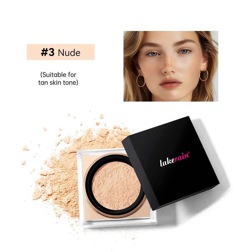 Lakerain nude shade #3 loose powder in open compact with peach spill model photo on Tampa Home & Garden Store