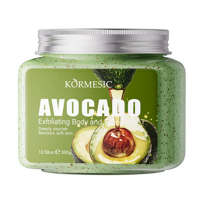 KORMESIC Avocado Exfoliating Body and Face Scrub jar by Silcy Skin, green speckled container with avocado illustration on Tampa Home & Garden Store