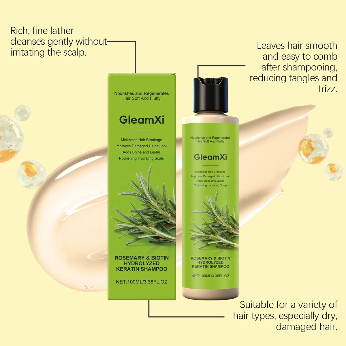 Rosemary & Biotin Keratin Shampoo bottle and box by Silcy Skin, green packaging with rosemary sprigs on Tampa Home & Garden Store