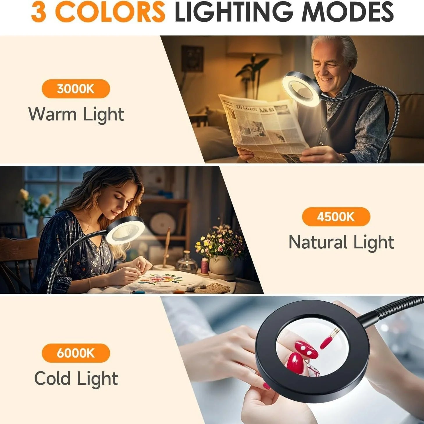 10X magnifying glass with 3-color LED desk lamp, flexible gooseneck clamp for reading nail art on Tampa Home & Garden Store