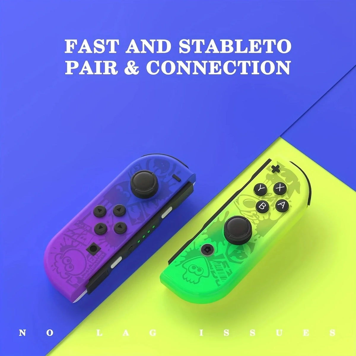 Two Joy-Con wireless controllers for Nintendo Switch in purple and lime green with dual vibration on Tampa Home & Garden Store