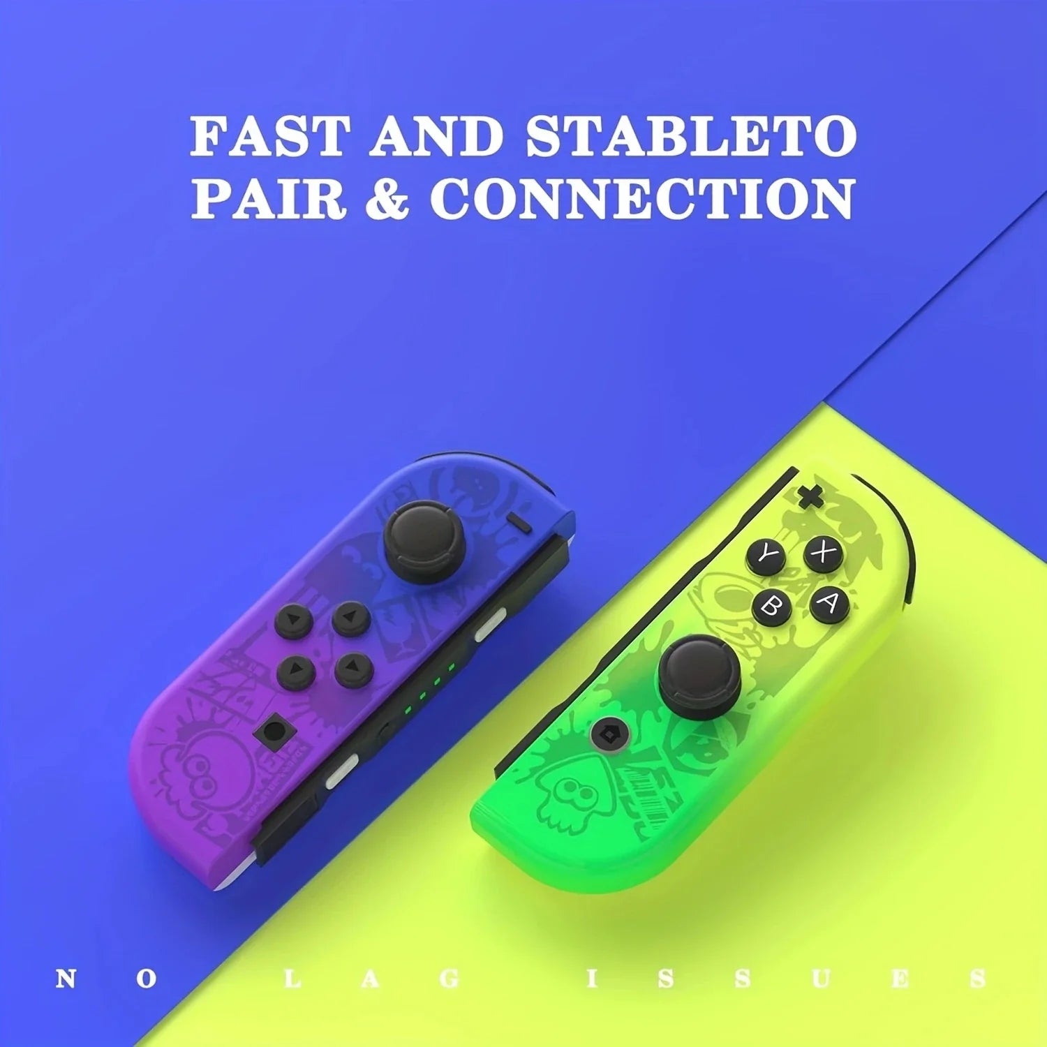 Two Joy-Con wireless controllers for Nintendo Switch in purple and lime green with dual vibration on Tampa Home & Garden Store