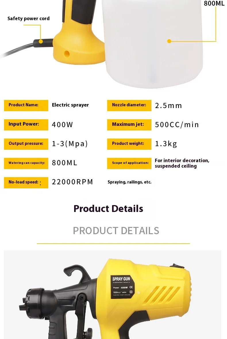 Portable Electric Paint Sprayer handheld spray gun in yellow 800ml UpTrend Deals on Tampa Home & Garden Store