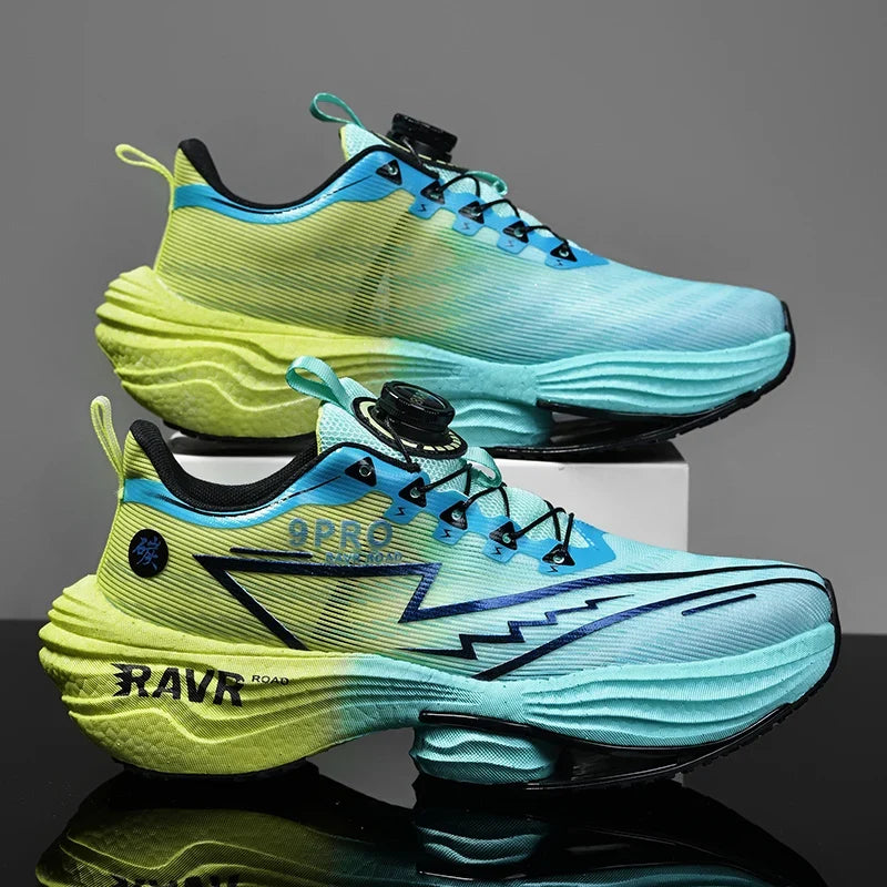 Running shoes EstaliosFit carbon plate cushioned design pair in blue and neon lime gradient on Tampa Home & Garden Store