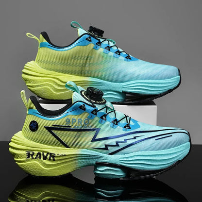 Running shoes EstaliosFit carbon plate cushioned design pair in blue and neon lime gradient on Tampa Home & Garden Store