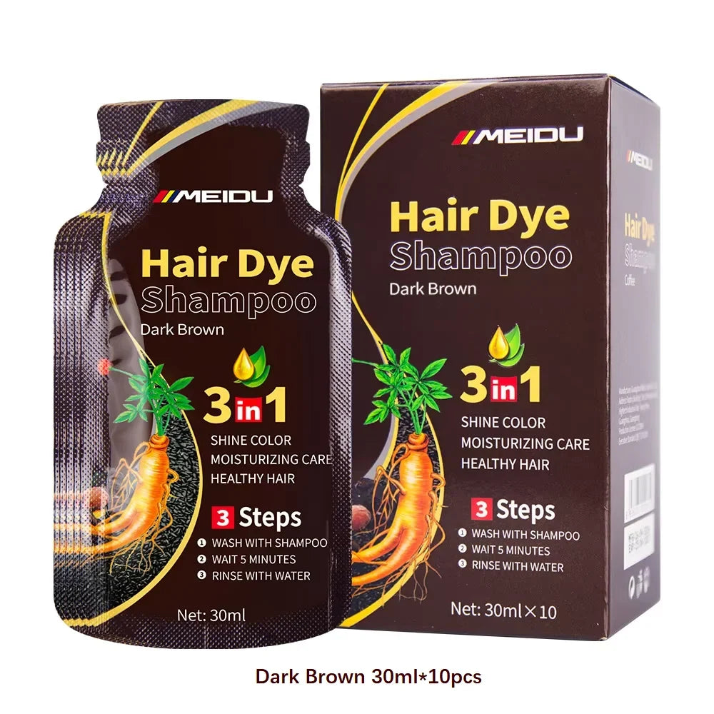 Meidu Hair Dye Shampoo Dark Brown 3 in 1 30ml 10pcs set with pouch and box on Tampa Home & Garden Store