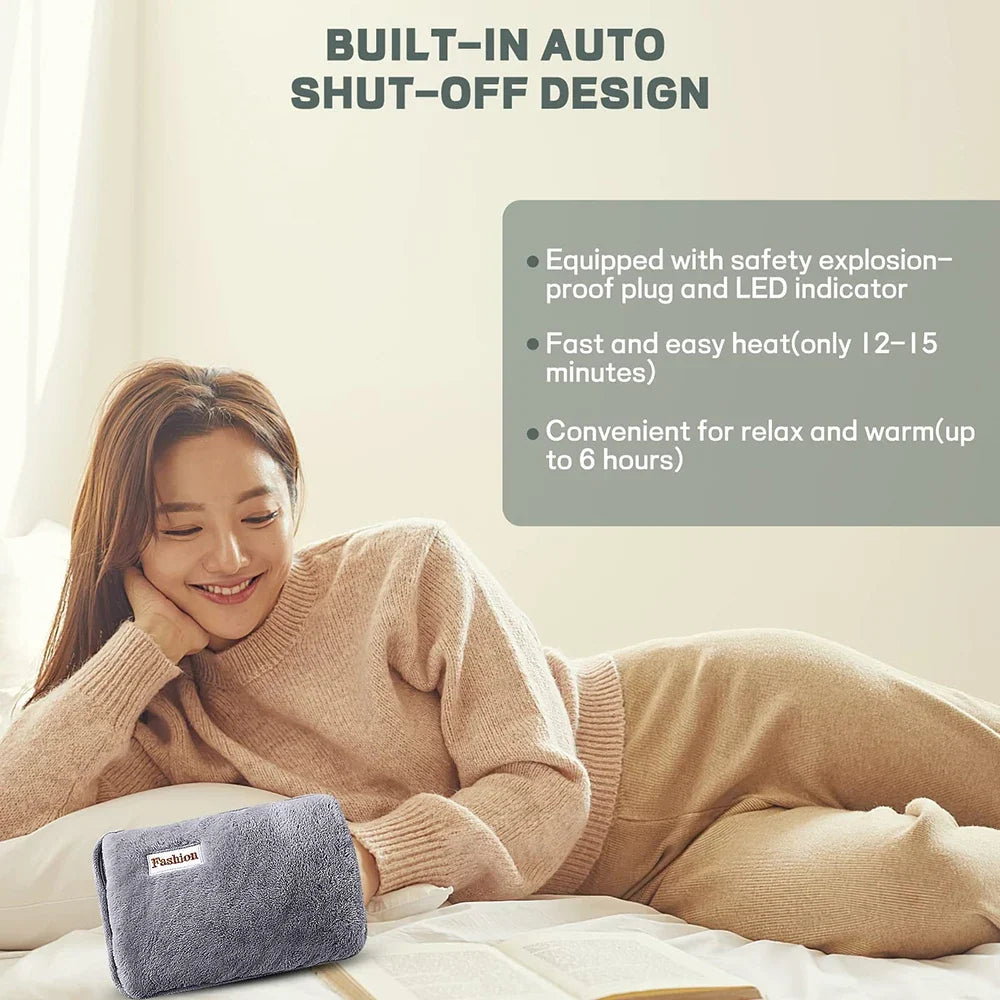 Rechargeable hand warmer in soft gray plush bag with EU plug, compact heat pad for hands on Tampa Home & Garden Store