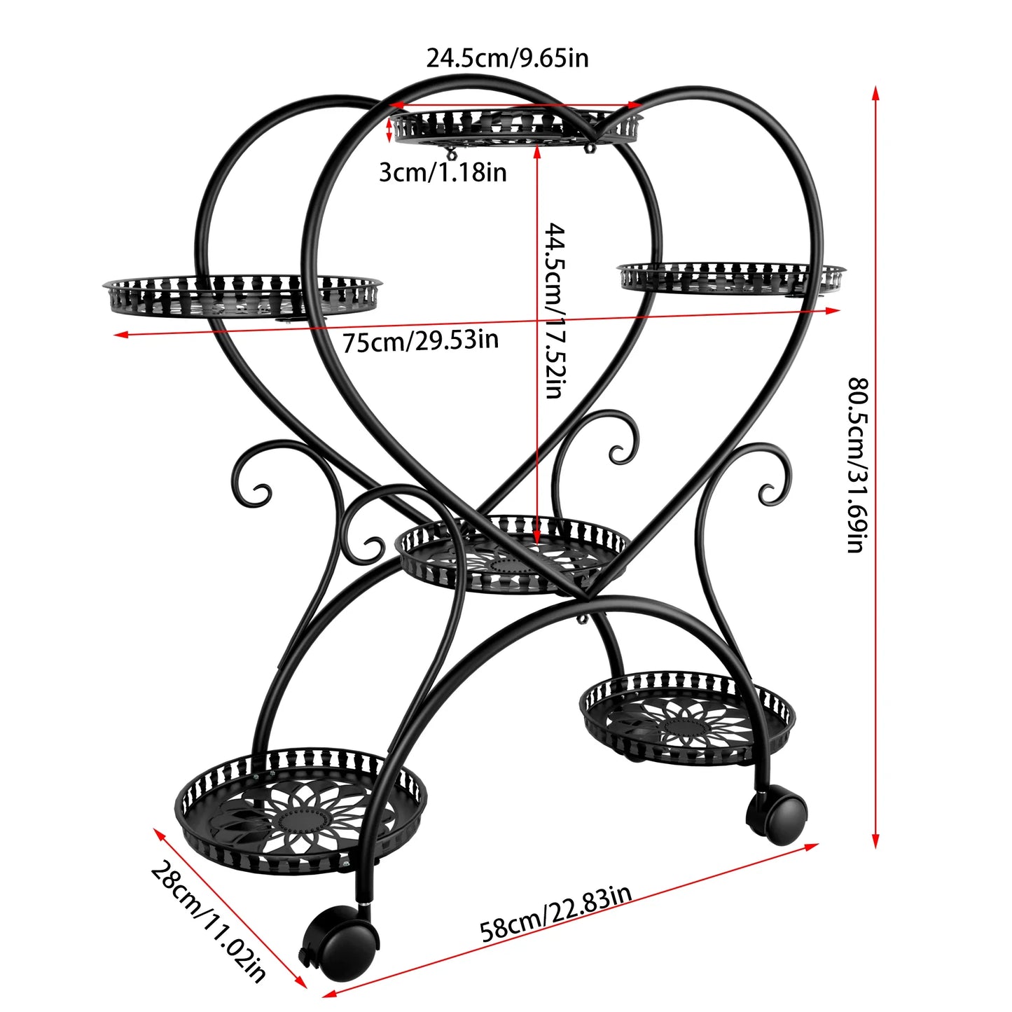 Black Metal Heart 6 Tier Rack For Garden Plants
