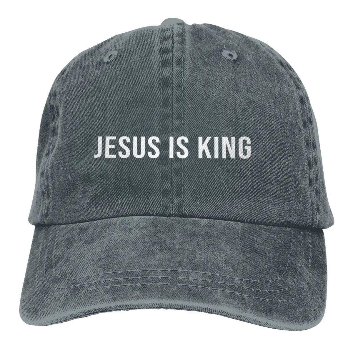 King Caps hat in washed gray denim with white JESUS IS KING text on front on Tampa Home & Garden Store