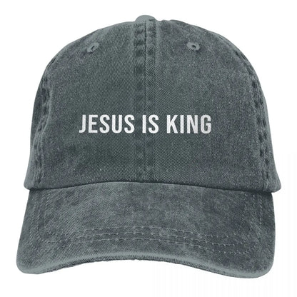 King Caps hat in washed gray denim with white JESUS IS KING text on front on Tampa Home & Garden Store